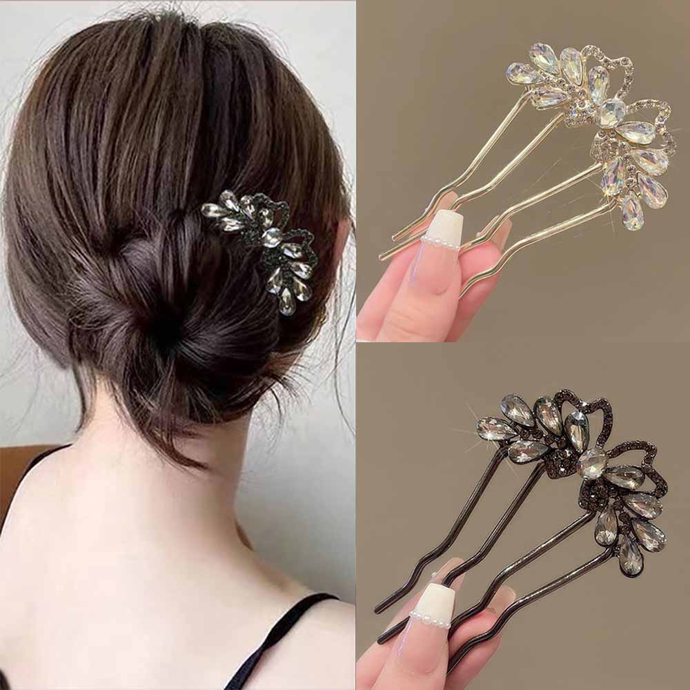 Women Accessories Trendy - Fashion Rhinestones U-Shaped Hair Sticks Butterfly