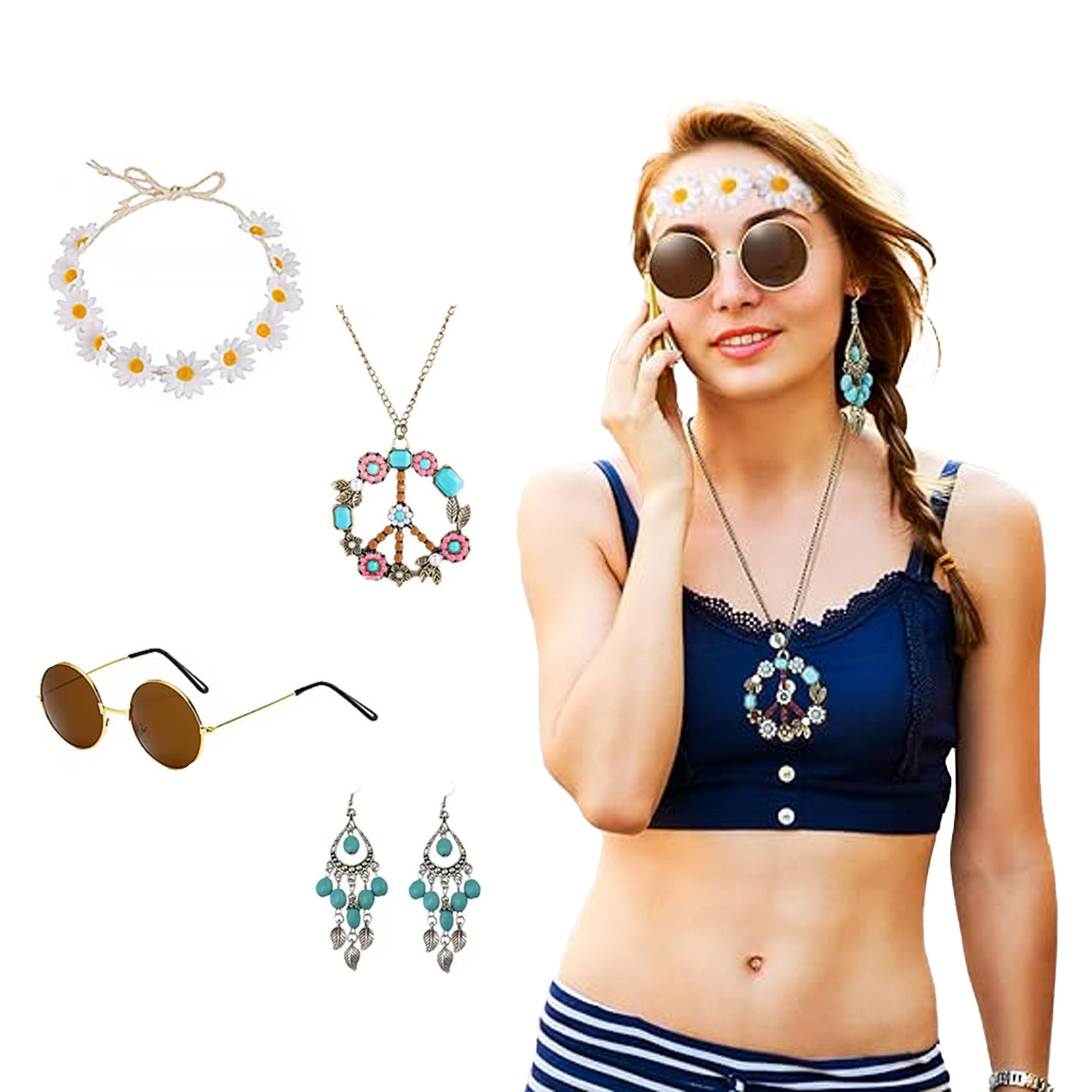 Women'S Accessories In The 70S - PESENAR Hippie Costume Accessories Include Sunglasses,