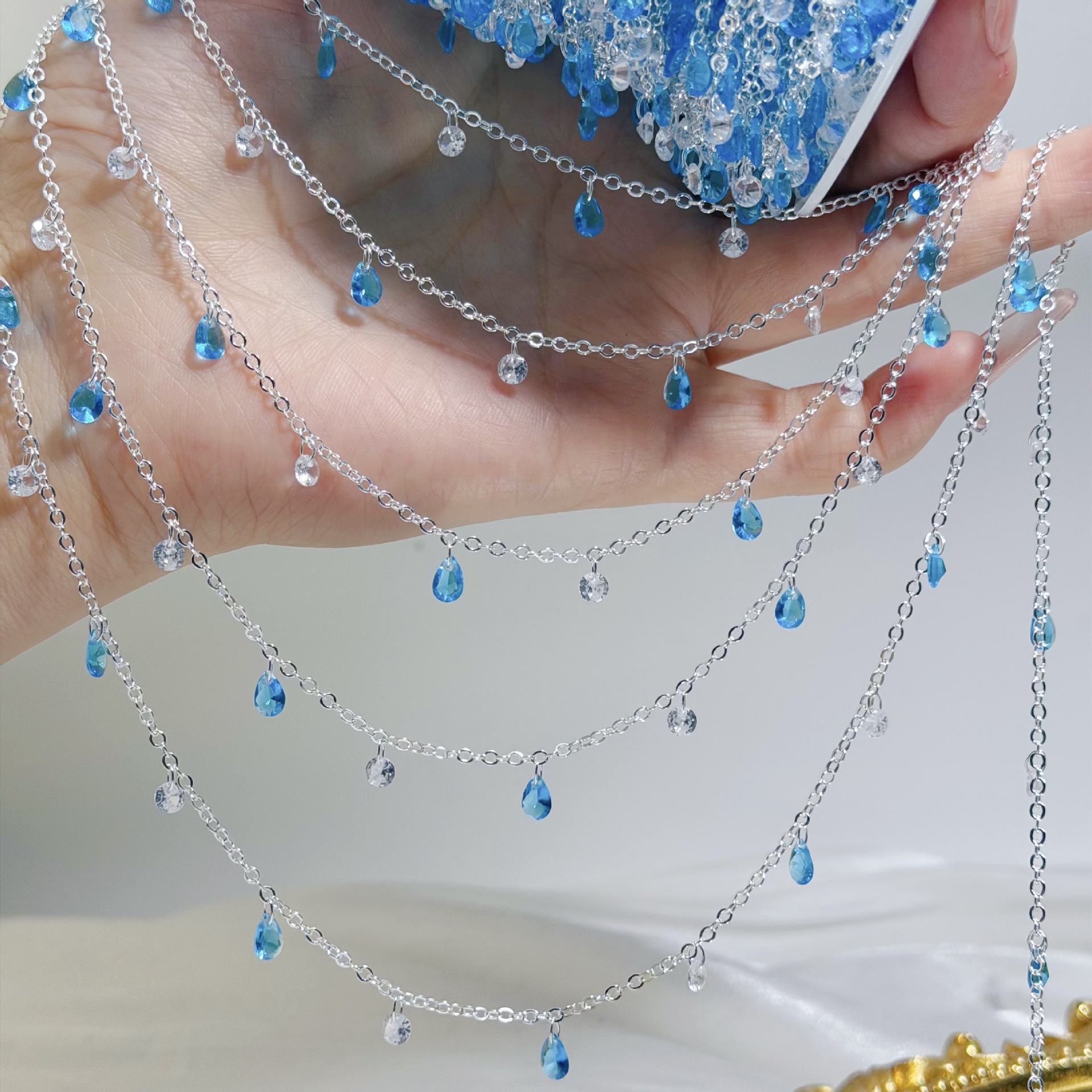 Beaded Anklet Chain - 0.51/2 M Summer Blue Clear Crystal