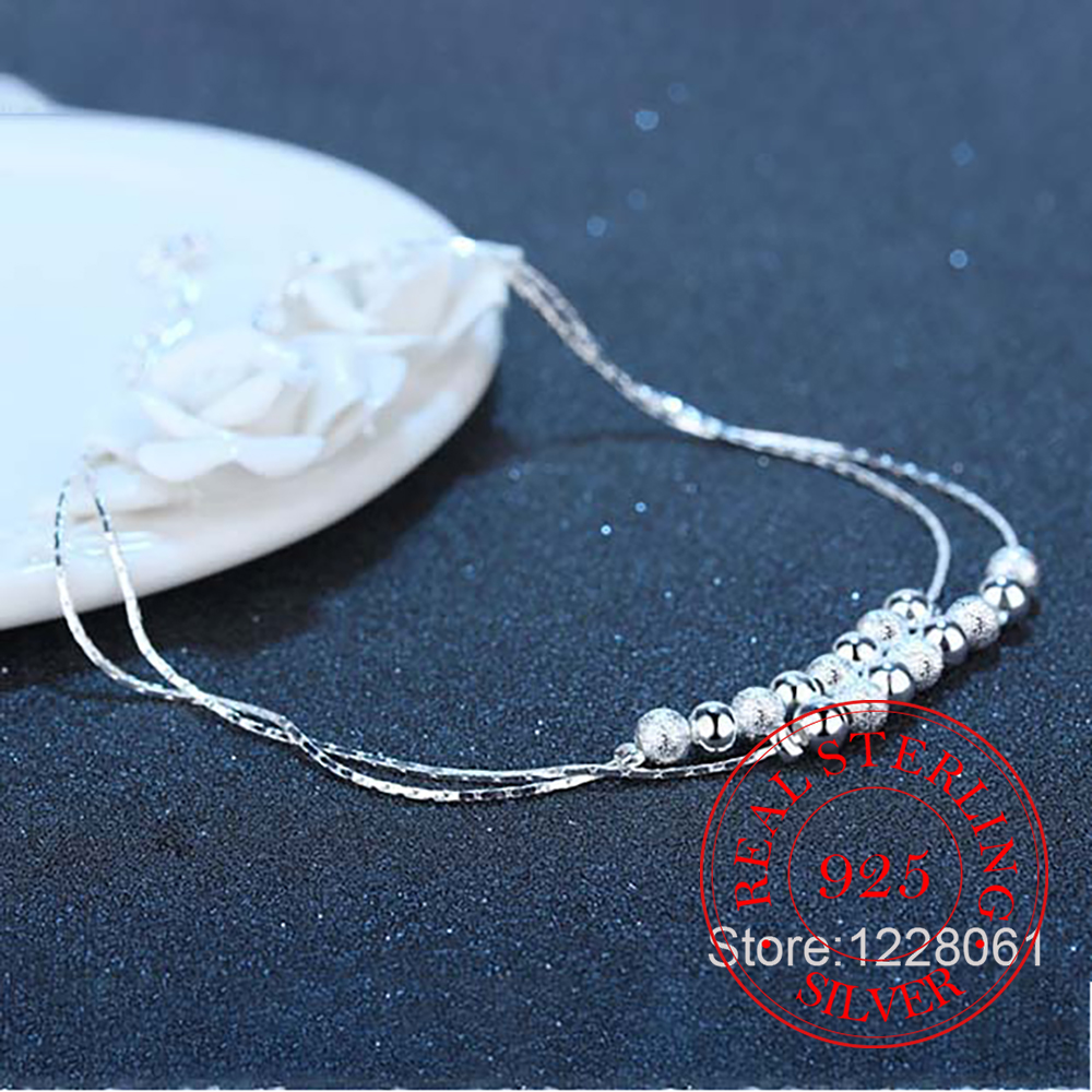 Beaded Anklet Chain - 925 Silver Double Layer Beaded Ankle